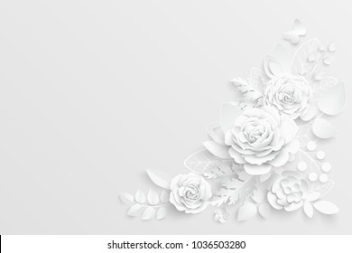 Paper flower. White roses cut from paper. Wedding decorations. Decorative bridal bouquet, isolated floral design elements. Greeting card template, blank floral wall decor. Background.