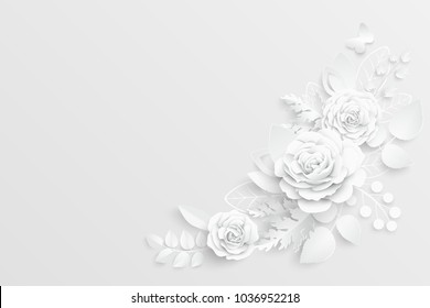 Paper flower. White roses cut from paper. Wedding decorations. Decorative bridal bouquet, isolated floral design elements. Greeting card template, blank floral wall decor. Background.