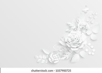 Paper flower. White roses cut from paper. Wedding decorations. Decorative bridal bouquet, isolated floral design elements. Greeting card template, blank floral wall decor. Background.