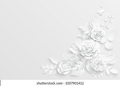 Paper flower. White roses cut from paper. Wedding decorations. Decorative bridal bouquet, isolated floral design elements. Greeting card template, blank floral wall decor. Background.