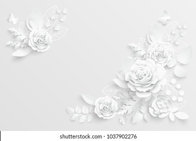 Paper flower. White roses cut from paper. Wedding decorations. Decorative bridal bouquet, isolated floral design elements. Greeting card template, blank floral wall decor. Background.