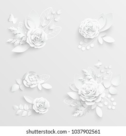 Paper Flower. White Roses Cut From Paper. Wedding Decorations. Decorative Bridal Bouquet, Isolated Floral Design Elements. Greeting Card Template, Blank Floral Wall Decor. Background.