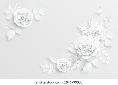 Paper flower. White roses cut from paper. Wedding decorations. Decorative bridal bouquet, isolated floral design elements. Greeting card template, blank floral wall decor. Background.