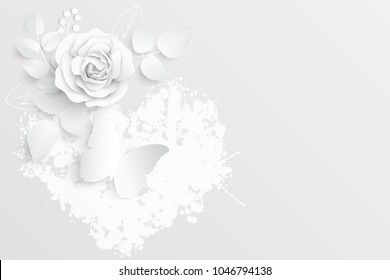 Paper flower. White roses cut from paper. Wedding decorations. Decorative bridal bouquet, isolated floral design elements. Greeting card template, blank floral wall decor. Background.