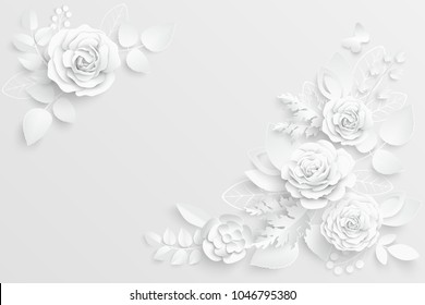 Paper flower. White roses cut from paper. Wedding decorations. Decorative bridal bouquet, isolated floral design elements. Greeting card template, blank floral wall decor. Background.