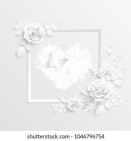 Paper flower. White roses cut from paper. Wedding decorations. Decorative bridal bouquet, isolated floral design elements. Greeting card template, blank floral wall decor. Background.