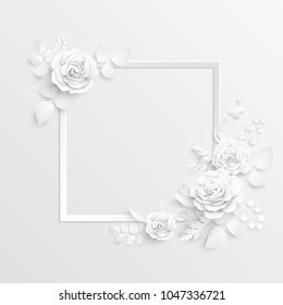 Paper flower. White roses cut from paper. Wedding decorations. Decorative bridal bouquet, isolated floral design elements. Greeting card template, blank floral wall decor. Background.