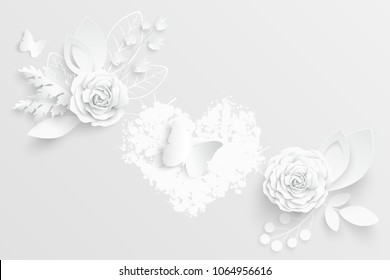 Paper flower. White roses cut from paper. Wedding decorations. Decorative bridal bouquet, isolated floral design elements. Greeting card template, blank floral wall decor. Background.