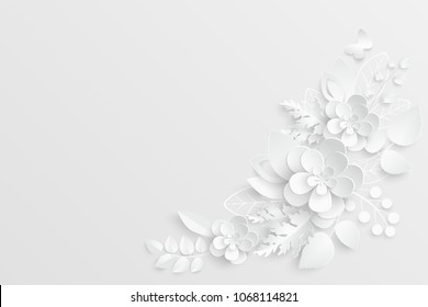 Paper flower. White roses cut from paper. Wedding decorations. Decorative bridal bouquet, isolated floral design elements. Greeting card template, blank floral wall decor. Background.