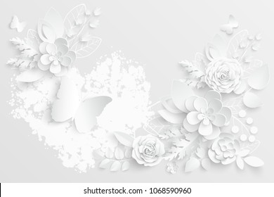 Paper flower. White roses cut from paper. A heart. Wedding decorations. Decorative bridal bouquet, isolated floral design elements. Greeting card template, blank floral wall decor. Background.