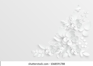 Paper flower. White roses cut from paper. Wedding decorations. Decorative bridal bouquet, isolated floral design elements. Greeting card template, blank floral wall decor. Background.