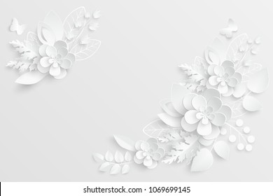 Paper flower. White roses cut from paper. A heart. Wedding decorations. Decorative bridal bouquet, isolated floral design elements. Greeting card template, blank floral wall decor. Background.