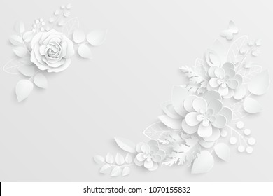 Paper flower. White roses cut from paper.  Wedding decorations. Decorative bridal bouquet, isolated floral design elements. Greeting card template, blank floral wall decor. Background.