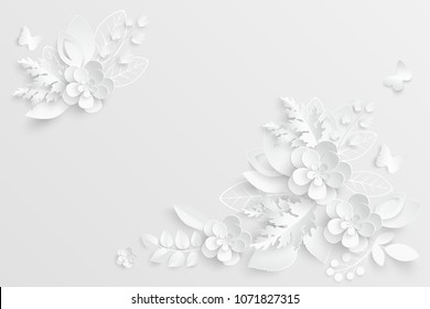 Paper flower. White roses cut from paper.  Wedding decorations. Decorative bridal bouquet, isolated floral design elements. Greeting card template, blank floral wall decor. Background.