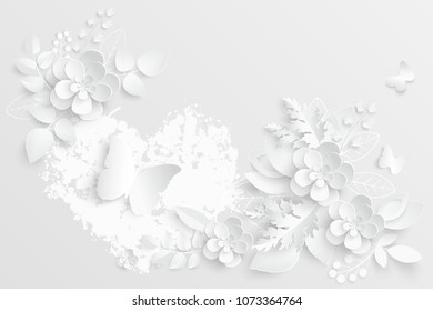 Paper flower. White roses cut from paper. A heart. Wedding decorations. Decorative bridal bouquet, isolated floral design elements. Greeting card template, blank floral wall decor. Background.