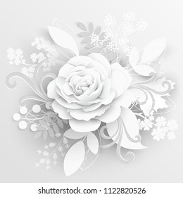 Paper flower. White roses cut from paper.  Wedding decorations. Decorative bridal bouquet, isolated floral design elements. Greeting card template, blank floral wall decor. Background.