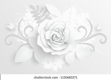 Paper flower. White roses cut from paper.  Wedding decorations. Decorative bridal bouquet, isolated floral design elements. Greeting card template. Vector illustration. Background.