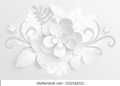 Paper flower. White roses cut from paper. A heart. Wedding decorations. Decorative bridal bouquet, isolated floral design elements. Greeting card template, blank floral wall decor. Background.