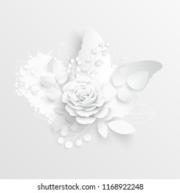Paper flower. White roses cut from paper.  Wedding decorations. Decorative bridal bouquet, isolated floral design elements. Greeting card template. Vector illustration. Background. Butterfly
