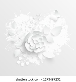 Paper flower. White roses cut from paper.  Wedding decorations. Decorative bridal bouquet, isolated floral design elements. Greeting card template. Vector illustration. 