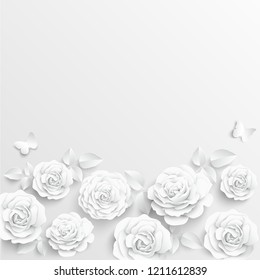 Paper flower. White roses cut from paper.  Wedding decorations. Decorative bridal bouquet, isolated floral design elements. Greeting card template. Vector illustration. Background.