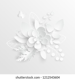 Paper flower. White roses cut from paper.  Wedding decorations. Decorative bridal bouquet, isolated floral design elements. Greeting card template. Vector illustration. Background. A heart. Backdrop. 