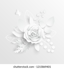 Paper flower. White roses cut from paper.  Wedding decorations. Decorative bridal bouquet, isolated floral design elements. Greeting card template. Vector illustration. Background. A heart. Backdrop. 