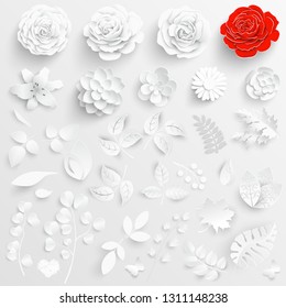 Paper flower. White roses cut from paper.  Wedding decorations. Decorative bridal bouquet, isolated floral design elements. Greeting card template. Vector illustration. Background. Set. Backdrop. 