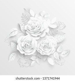 Paper flower. White roses cut from paper.  Wedding decorations. Decorative bridal bouquet, isolated floral design elements. Greeting card template. Vector illustration.