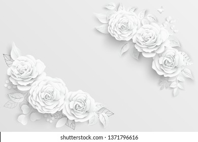 Paper flower. White roses cut from paper.  Wedding decorations. Decorative bridal bouquet, isolated floral design elements. Greeting card template. Vector illustration.