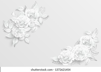 Paper flower. White roses cut from paper.  Wedding decorations. Decorative bridal bouquet, isolated floral design elements. Greeting card template. Vector illustration.