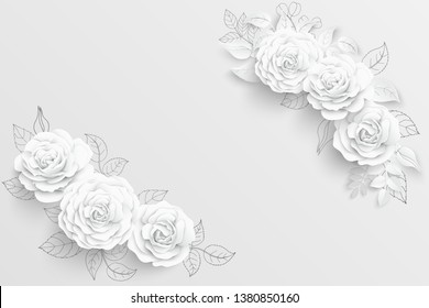 Paper flower. White roses cut from paper.  Wedding decorations. Decorative bridal bouquet, isolated floral design elements. Greeting card template. Vector illustration.