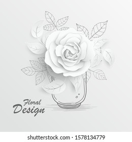 Paper flower. White roses cut from paper.  Wedding decorations. Decorative bridal bouquet, isolated floral design elements. Ribbon mason jar. Doodle. Greeting card template. Vector illustration.