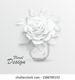 Paper flower. White roses cut from paper.  Wedding decorations. Decorative bridal bouquet, isolated floral design elements. Ribbon mason jar. Doodle. Greeting card template. Vector illustration.