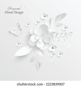 Paper flower. White roses cut from paper.  Wedding decorations. Decorative bridal bouquet, isolated floral design elements. Greeting card template, blank floral wall decor. Background.