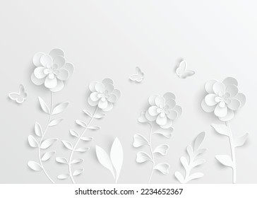 Paper flower. White roses cut from paper.  Wedding decorations. Decorative bridal bouquet, isolated floral design elements. Greeting card template, blank floral wall decor. Background.