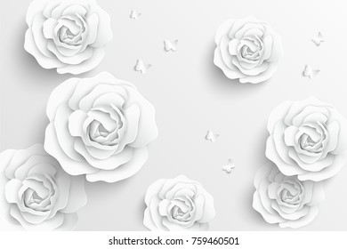 Paper flower. White roses cut from paper. Wedding decorations. Greeting card template, blank floral wall decor. Background.