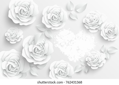 Paper flower. White roses cut from paper. Wedding decorations. Greeting card template, blank floral wall decor. Background.