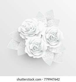 Paper flower. White roses cut from paper. Wedding decorations. Greeting card template, blank floral wall decor. Background.