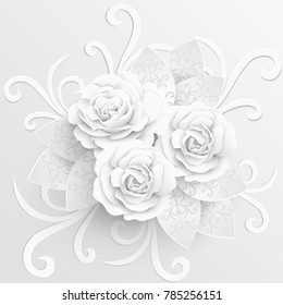 Paper flower. White roses cut from paper. Wedding decorations. Greeting card template, blank floral wall decor. Background.