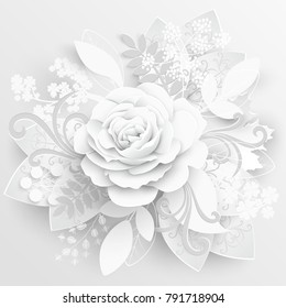 Paper flower. White roses cut from paper. Wedding decorations. Greeting card template, blank floral wall decor. Background.