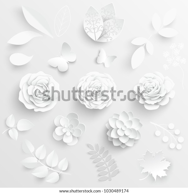 Paper\
flower. White roses cut from paper. Wedding decorations. Decorative\
bridal bouquet, isolated floral design elements. Greeting card\
template, blank floral wall decor.\
Background.