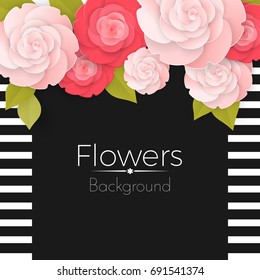 Paper flowers background with stripped frame, black middle and roses