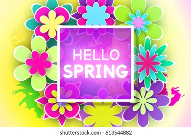 Paper Flowers and Decorative Letters for Greeting Card Hello Spring Design Stock Vector Illustration