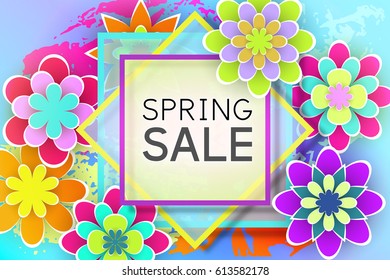 Paper Flowers and Decorative Letters for Spring Sale Discount Card Design Stock Vector Illustration