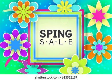 Paper Flowers and Decorative Letters for Spring Sale Discount Card Design Stock Vector Illustration