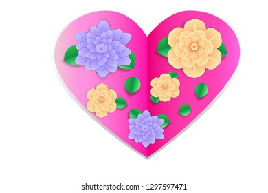 Paper  flowers on paper heart. greeting card or poster template. 