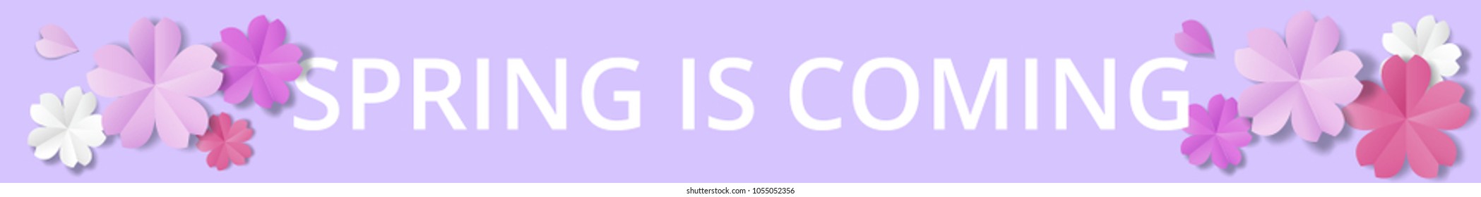 Paper flowers on purple background in origami style. Spring is coming. Horizontal web banner