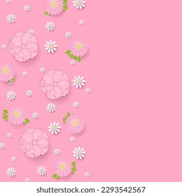 Paper flowers pattern design with cherry blossom, daisy, and chamomile on pink background with space for place text.