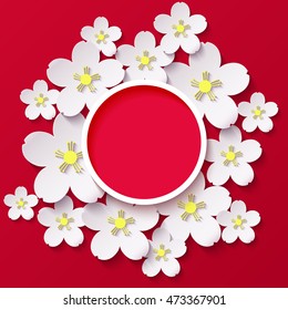 Paper flowers of sakura wite on red beground